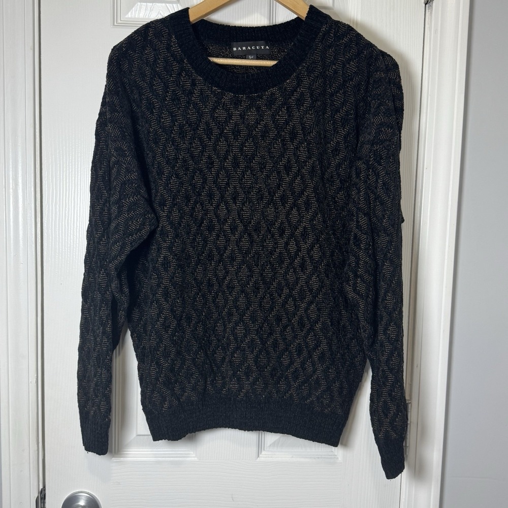 Baracuta Sweater‎ Mens Small Black Brown Textured Knit Crewneck Pullover